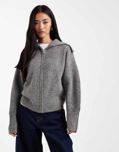 COLLUSION chunky zip up sweater in gray - view 1