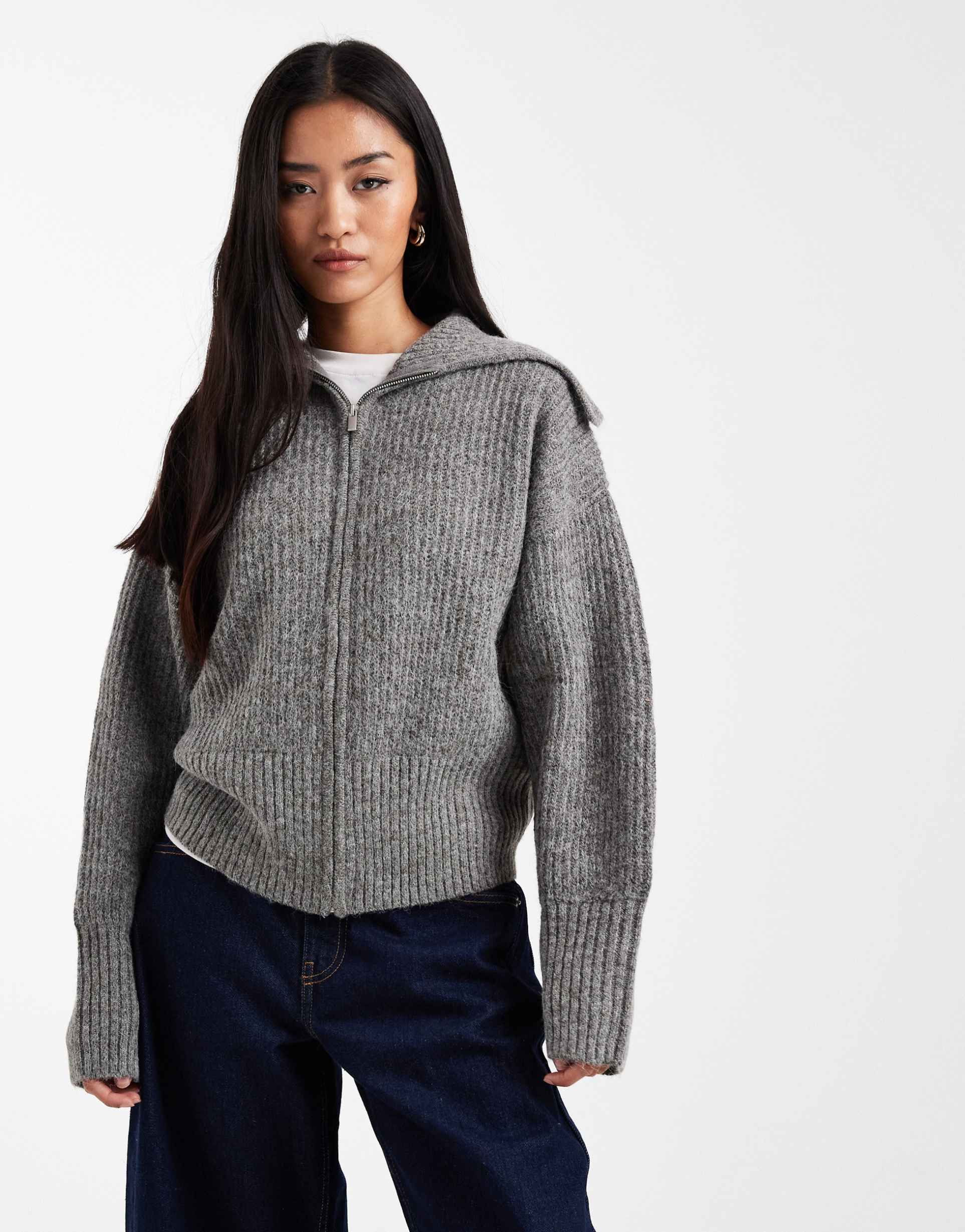 collusion chunky zip up sweater in gray