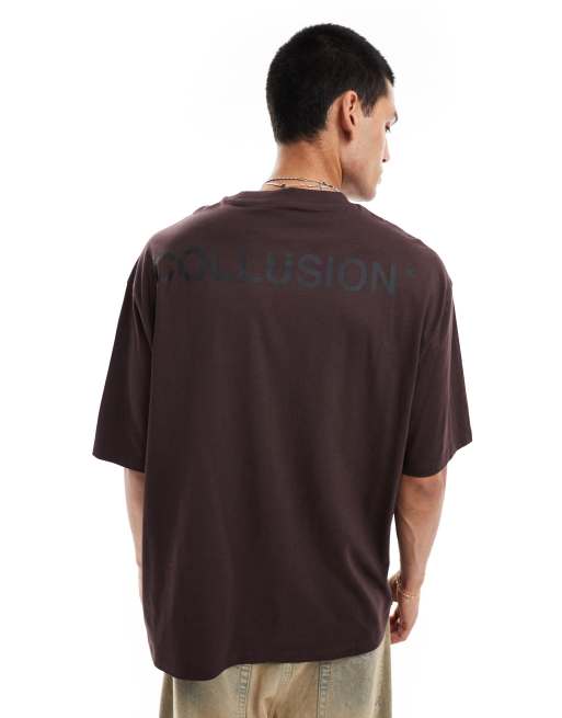 COLLUSION – Ciemnobrązowy T-shirt z nadrukowanym logo