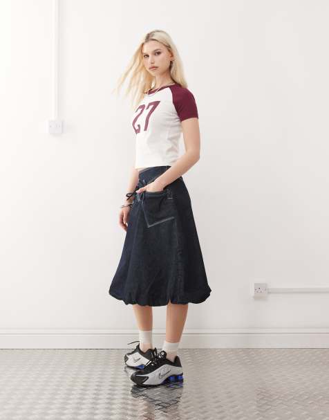 COLLUSION bubble hem midi skirt in rinse wash