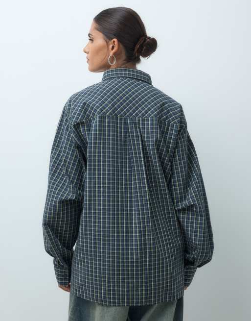 COLLUSION cinched shirt in navy and green check, 4 of 4