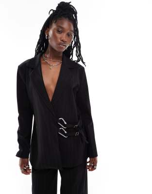 cinched waist blazer in black pinstripe - part of a set