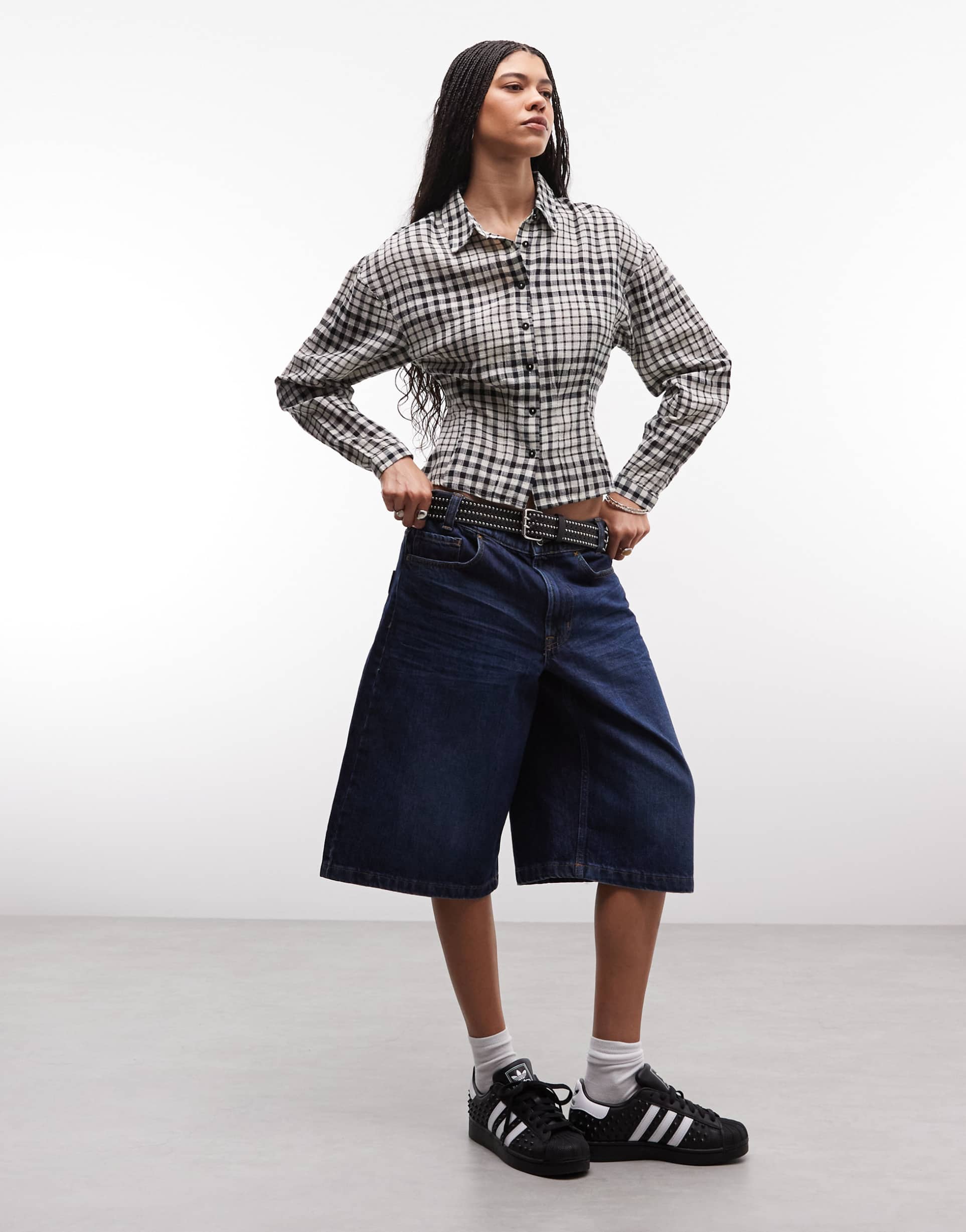 collusion cinched waist long sleeve shirt in beige and black check