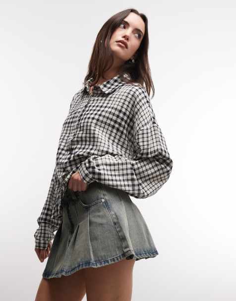 COLLUSION cinched waist long sleeve shirt in beige and black check - view 1