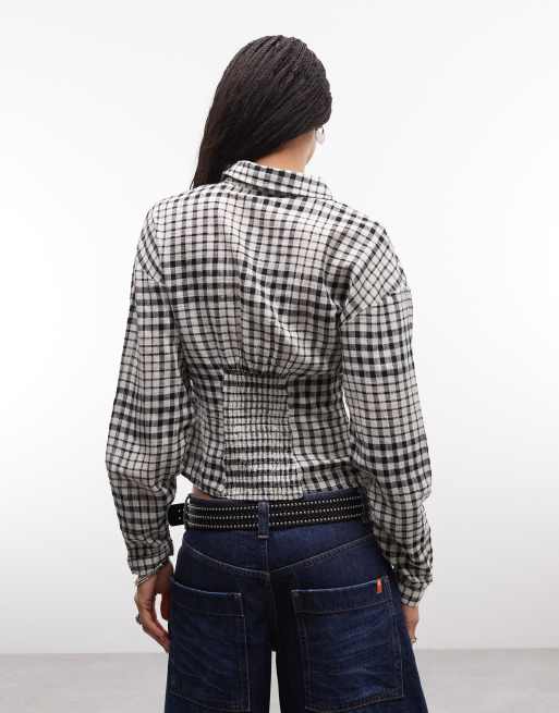 COLLUSION cinched waist long sleeve shirt in beige and black check, 4 of 4
