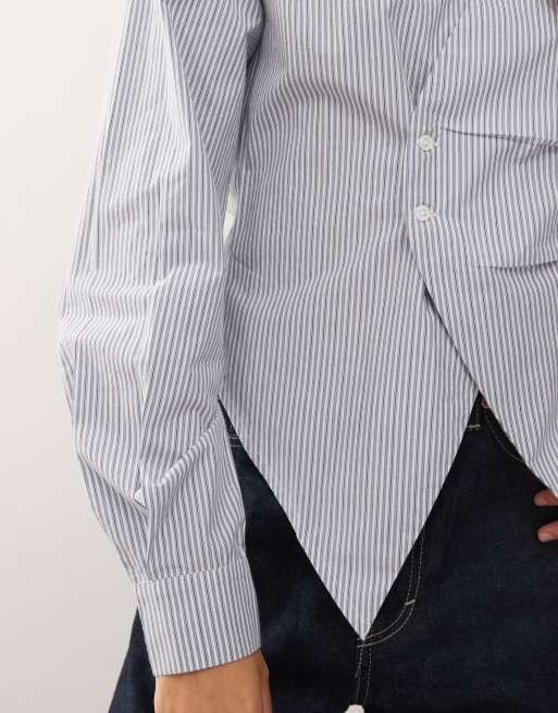 COLLUSION cinched waist wrap shirt in blue stripe, 3 of 4