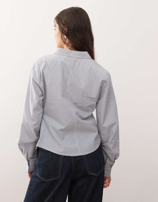 COLLUSION cinched waist wrap shirt in blue stripe, 4 of 4