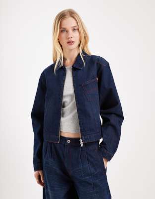Collusion Circular Design Collection Boxy Crop Denim Jacket In Blue