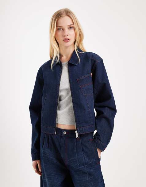 COLLUSION Circular Design Collection boxy crop denim jacket co ord in rinse wash