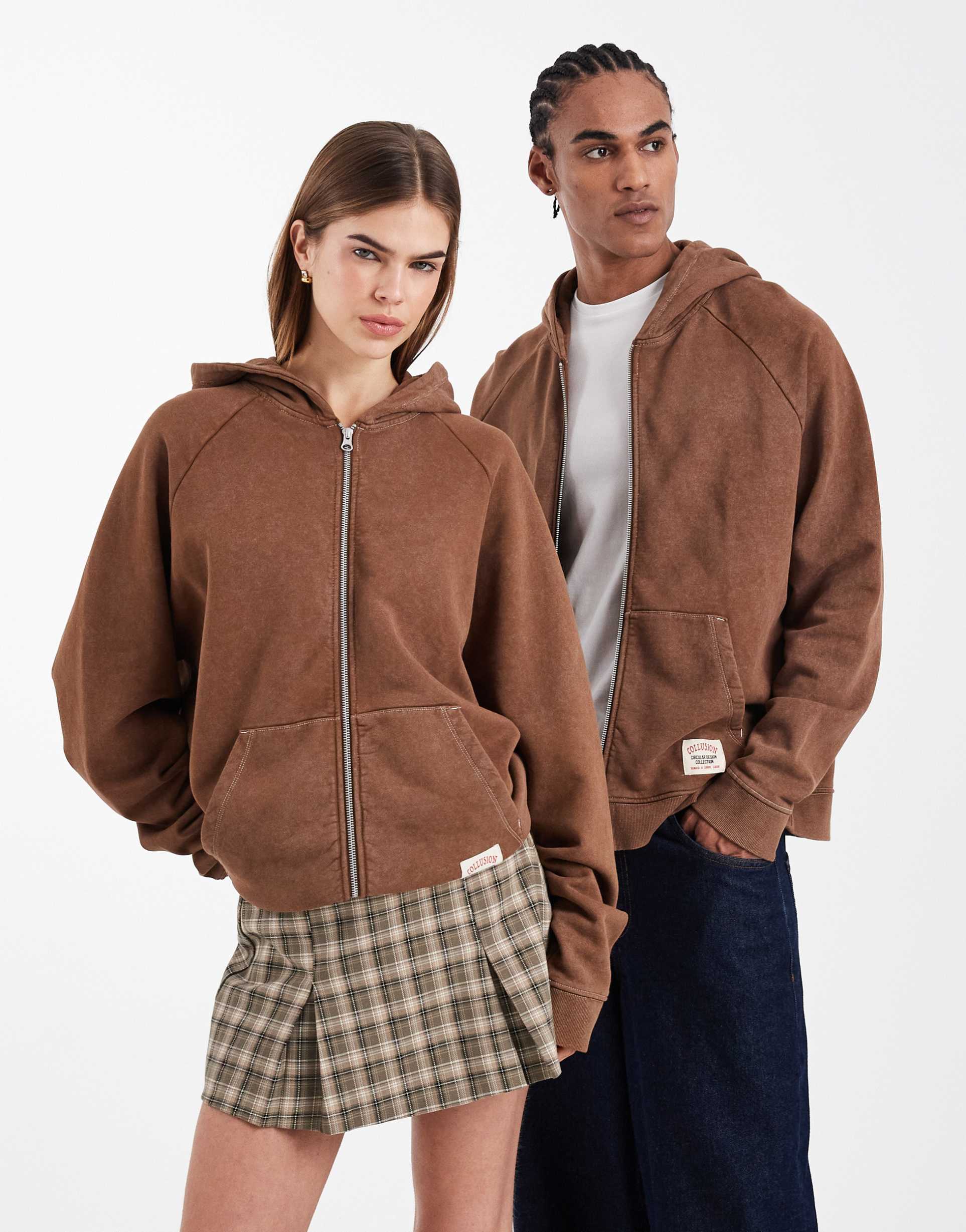 collusion circular design collection unisex heavyweight boxy zip up hoodie in washed brown