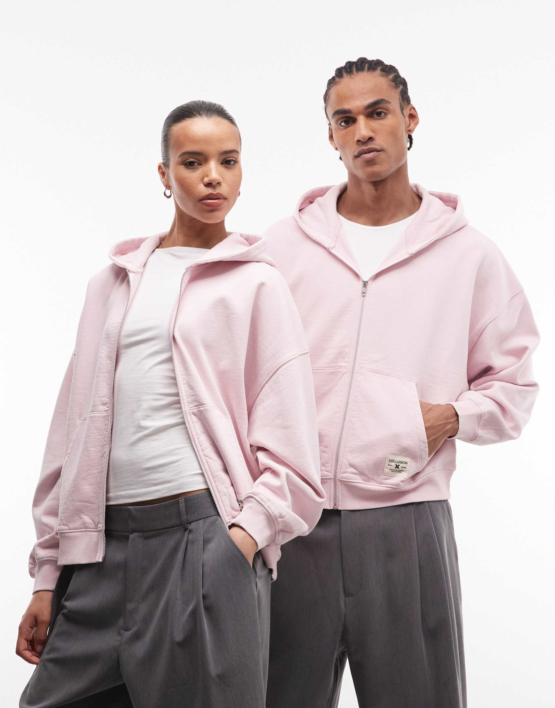 collusion circular design collection unisex heavyweight zip through hoodie in pink