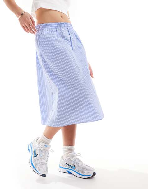 COLLUSION - Cirkelvormige midi rok met boxer-detail en strepen in blauw - view 1