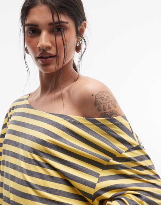 COLLUSION - Citrongul og gråstribet offshoulder-top med lange ærmer, 4 af 4