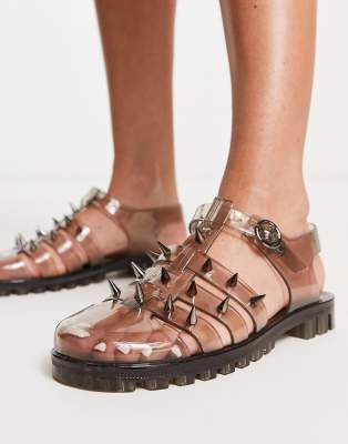 Collusion COLLUSION clear rubber jelly shoe with spikes in charcoal-Green