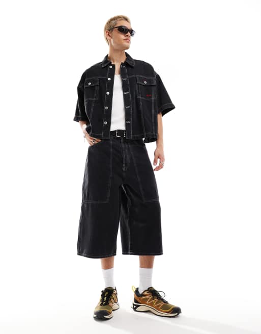 COLLUSION co-ord denim skater shirt and shorts with contrast branding in washed black