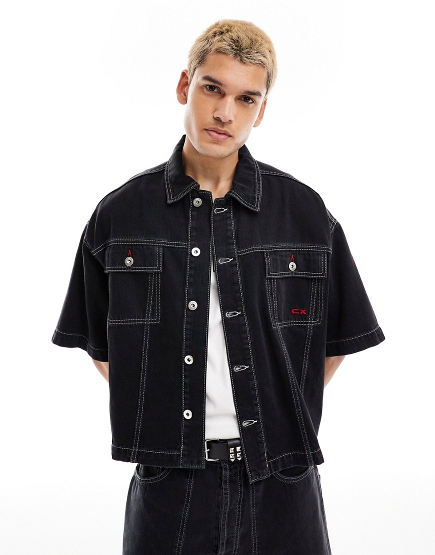 COLLUSION co-ord denim skater shirt with contrast branding in washed black
