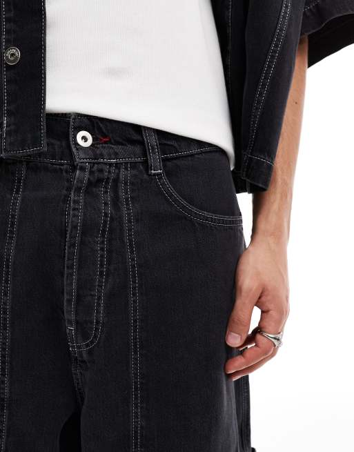 COLLUSION co-ord denim skater shorts with contrast branding in washed black, 3 of 5
