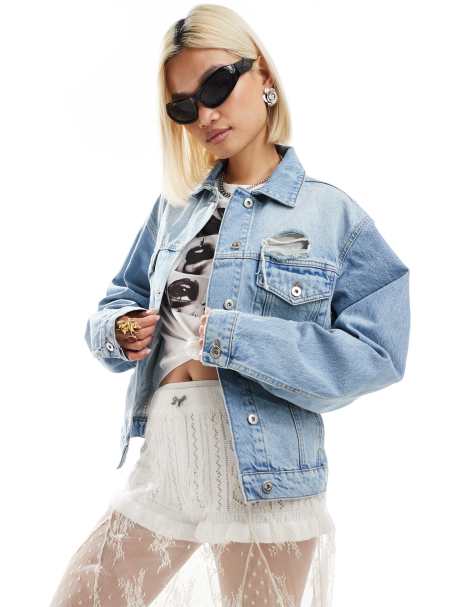 COLLUSION co-ord denim trucker jacket with rips in lightwash - view 1