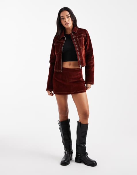 COLLUSION co-ord flocked denim mini skirt with contrast stitch in burnt orange - view 1