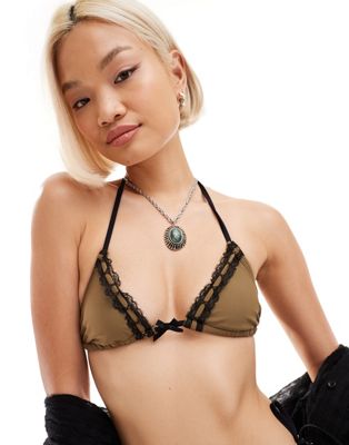 COLLUSION co-ord lingerie bikini top with bow and lace in khaki