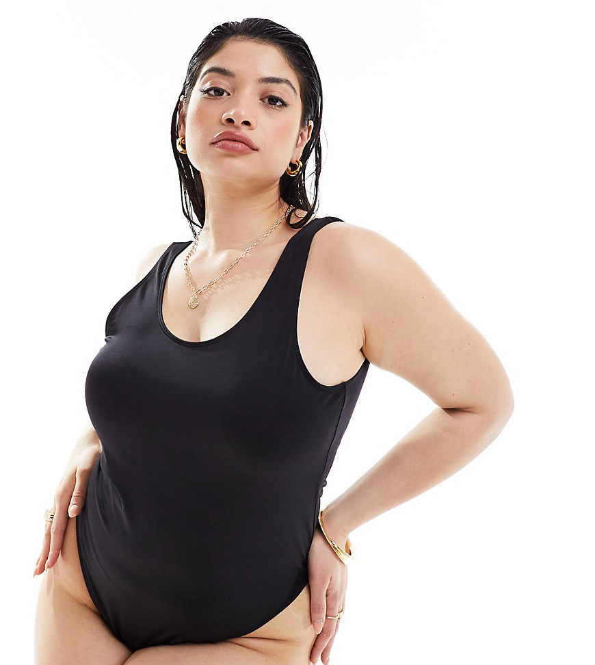 COLLUSION co-ord Plus scoop branded swimsuit in black