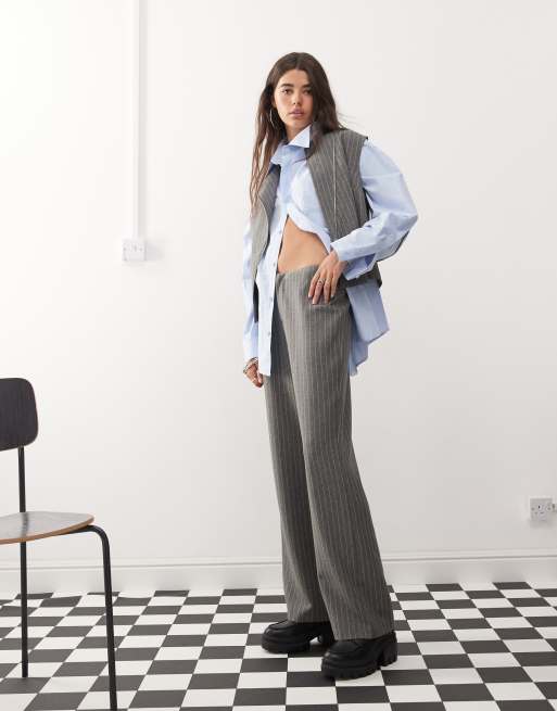 COLLUSION co-ord sleeveless clean zip through shirt in charcoal pinstripe, 2 of 4