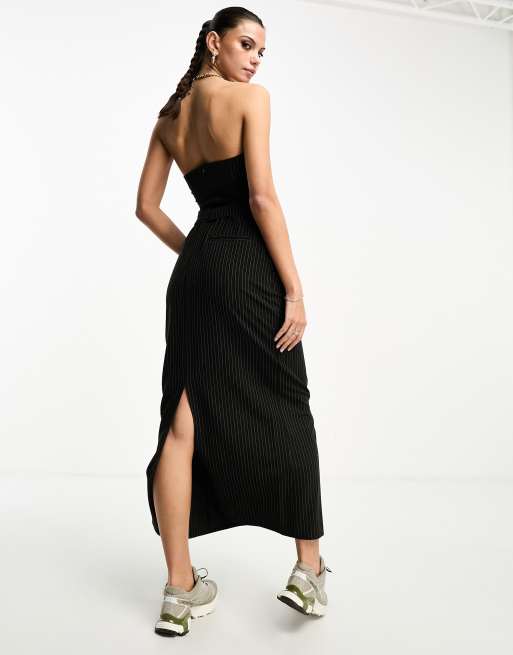 COLLUSION co ord tailored split back maxi skirt in black pinstripe ASOS