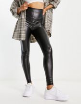 Vero Moda fleece lined leather look leggings in black