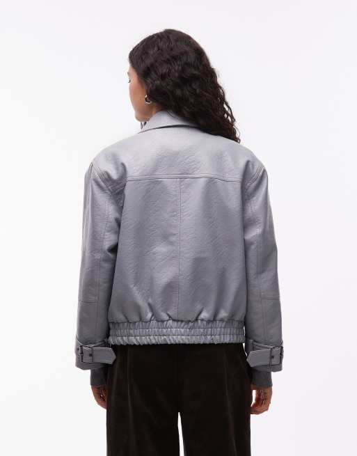COLLUSION collar detail hardware PU jacket in pastel blue, 3 of 4