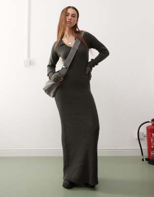 collar knit long sleeve dress-Gray