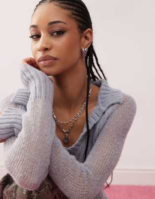 COLLUSION collar knitted long sleeve top in grey