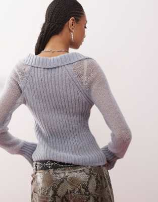 COLLUSION collar knitted long sleeve top in grey
