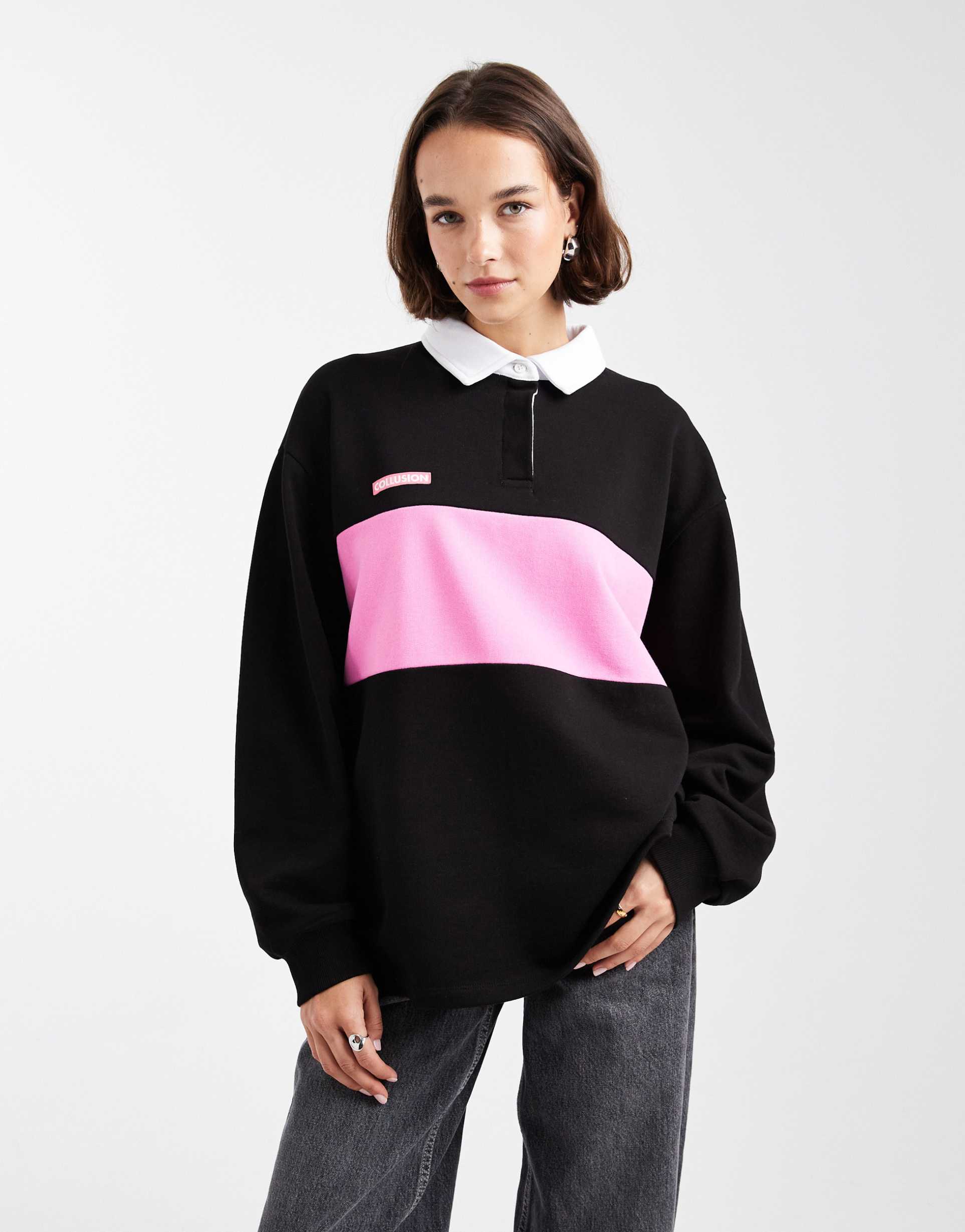 collusion color block oversized rugby polo top in black