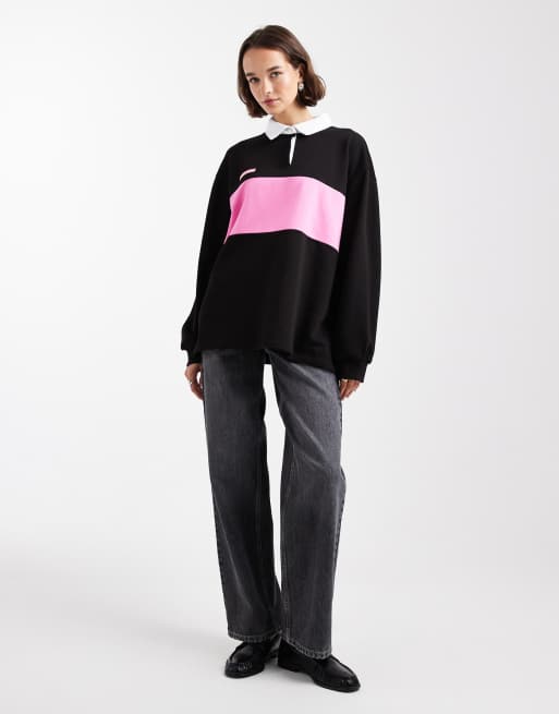 COLLUSION color block polo top in black