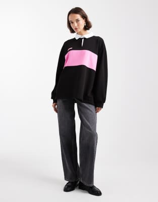 Collusion Color Block Polo Top In Black