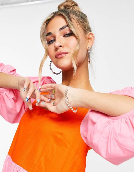 COLLUSION colour block maxi smock dress in pink and red ASOS