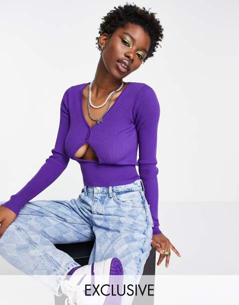 COLLUSION compact knitted keyhole top in purple - view 1