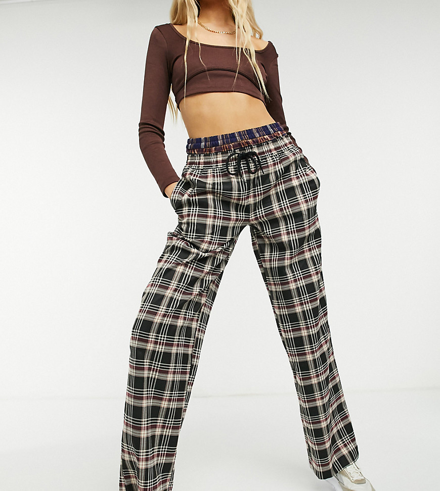 COLLUSION contrast check wide leg pants with double waistband-Multi