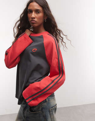 Collusion Contrast Sleeve Raglan With Side Stripes-red In Multi