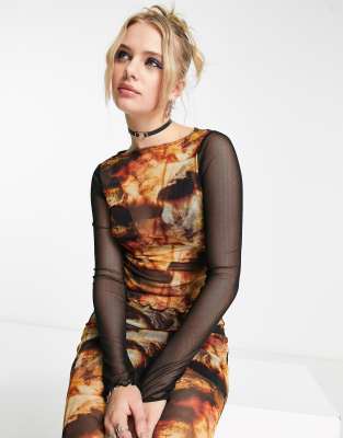 Collusion Contrast Sleeve Renaissance Print Mesh Long Sleeve Top In Multi - Part Of A Set