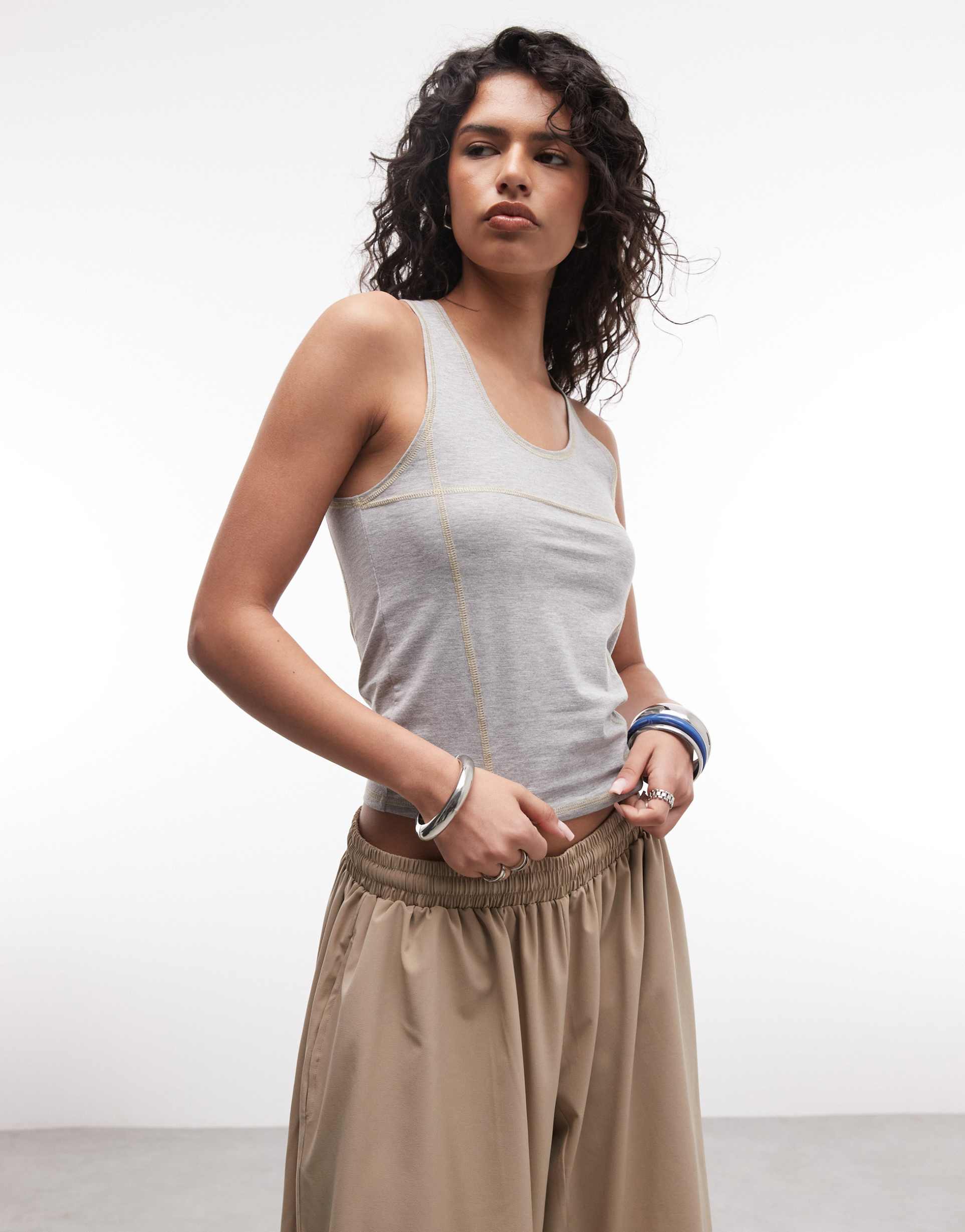 collusion contrast stitch tank top in gray heather