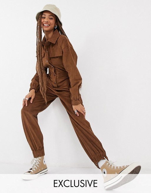 COLLUSION cord boilersuit in chocolate