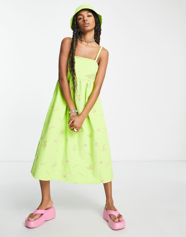 COLLUSION cord cami trapeze midi dress with embroidery in green - part of a set