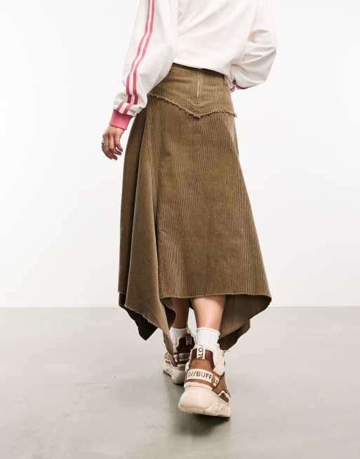 COLLUSION cord hanky hem midi skirt in stone