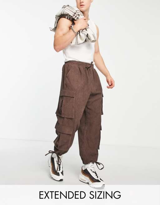 COLLUSION cord low rise cargo pants in chocolate