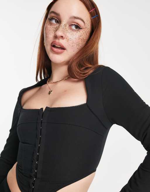 Black Stretch Woven Square Neck Corset Top