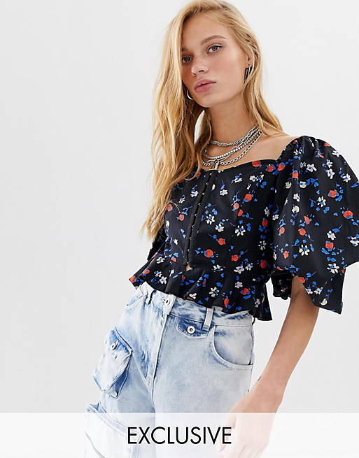 COLLUSION corset hook and eye ruffle top in floral