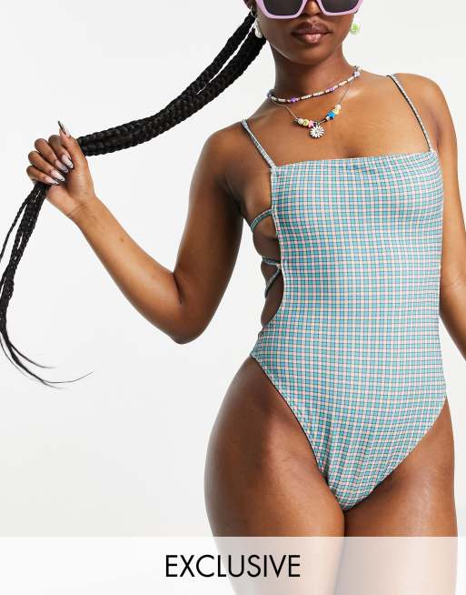 COLLUSION - Costume da bagno con spalline multiposizione sul retro a quadretti - MULTI
