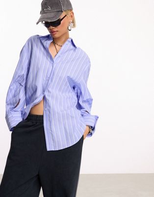 cotton cinched in shirt in stripe-Blue