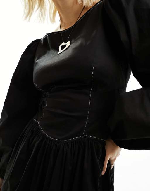 COLLUSION cotton corset maxi dress with contrast stitch in black, 3 of 4